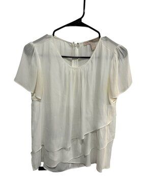 Forever 21 White Layered Short Sleeve Back Zipper Blouse Size S Coquette Minimal